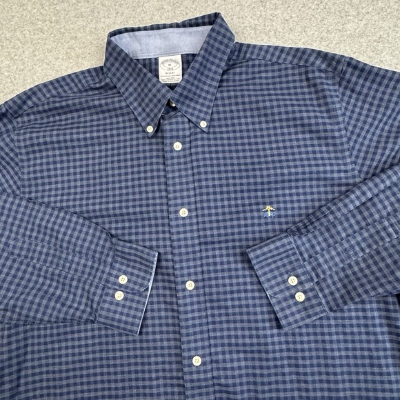 Brooks Brothers 1818 Regent Fit Shirt Mens XL Blue Check Supima Cotton With Logo - Picture 1 of 7
